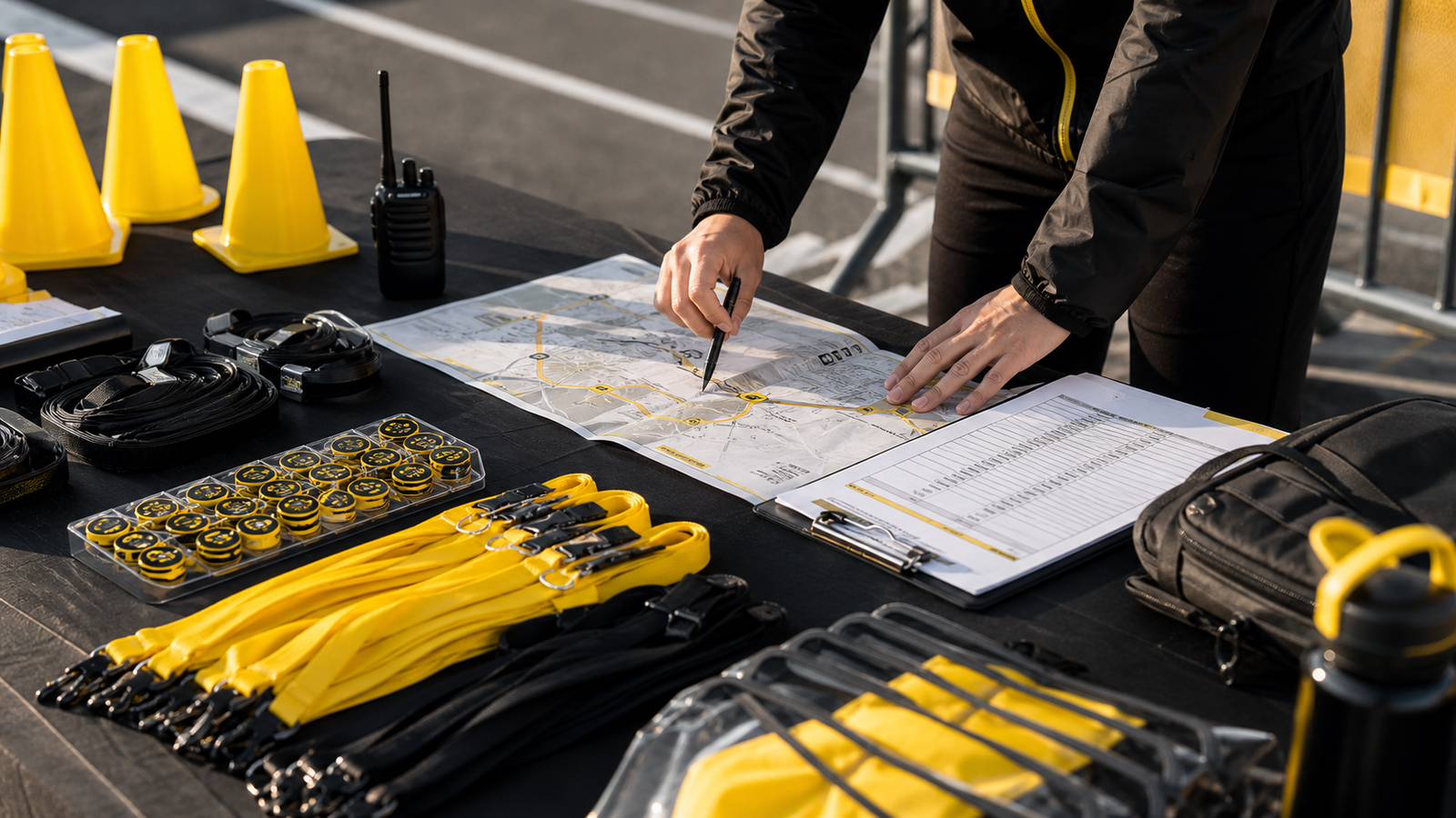 Mesa de planificación con ruta y materiales para organizar un evento deportivo