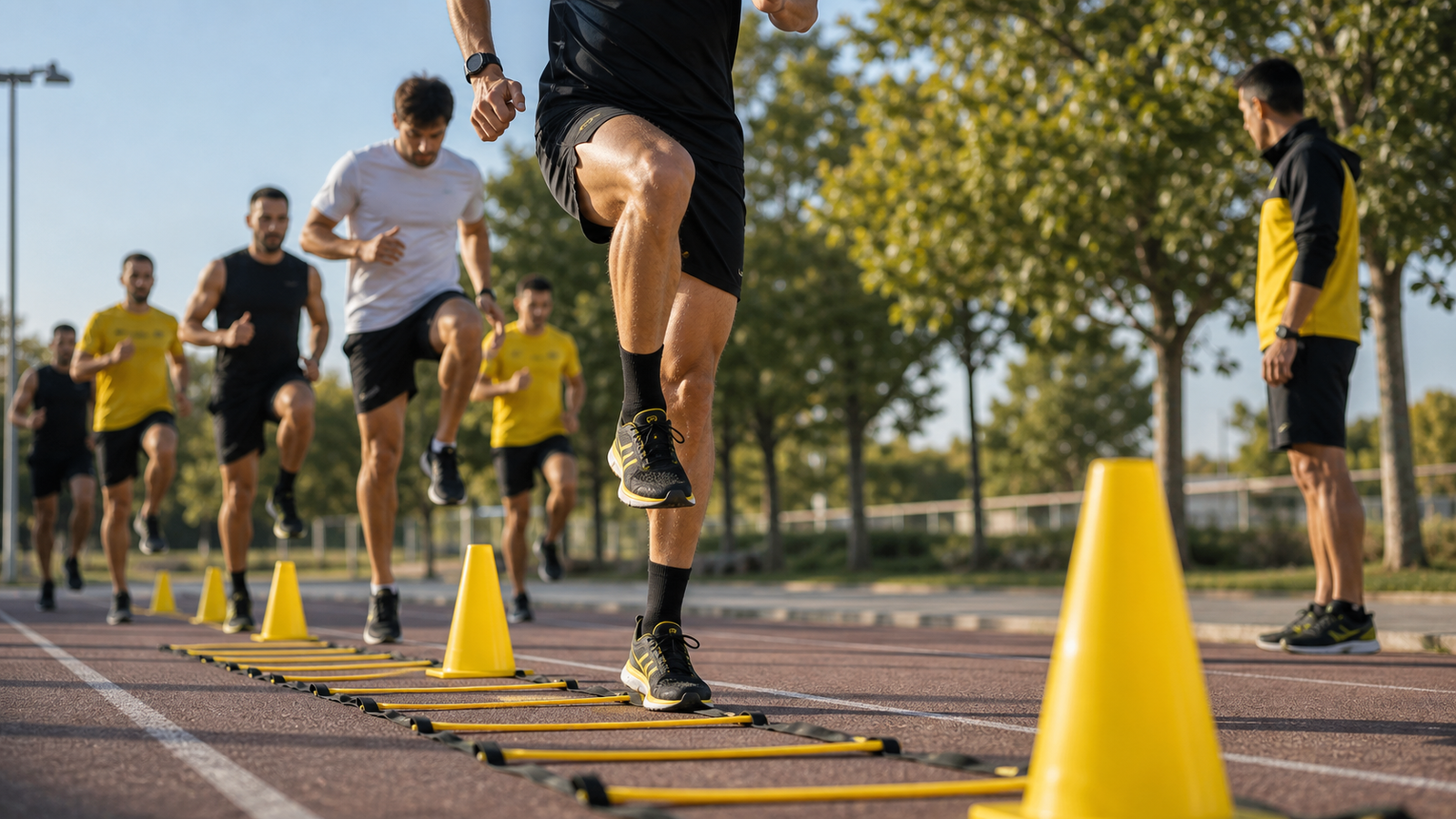 Corredores realizando ejercicios técnicos de entrenamiento