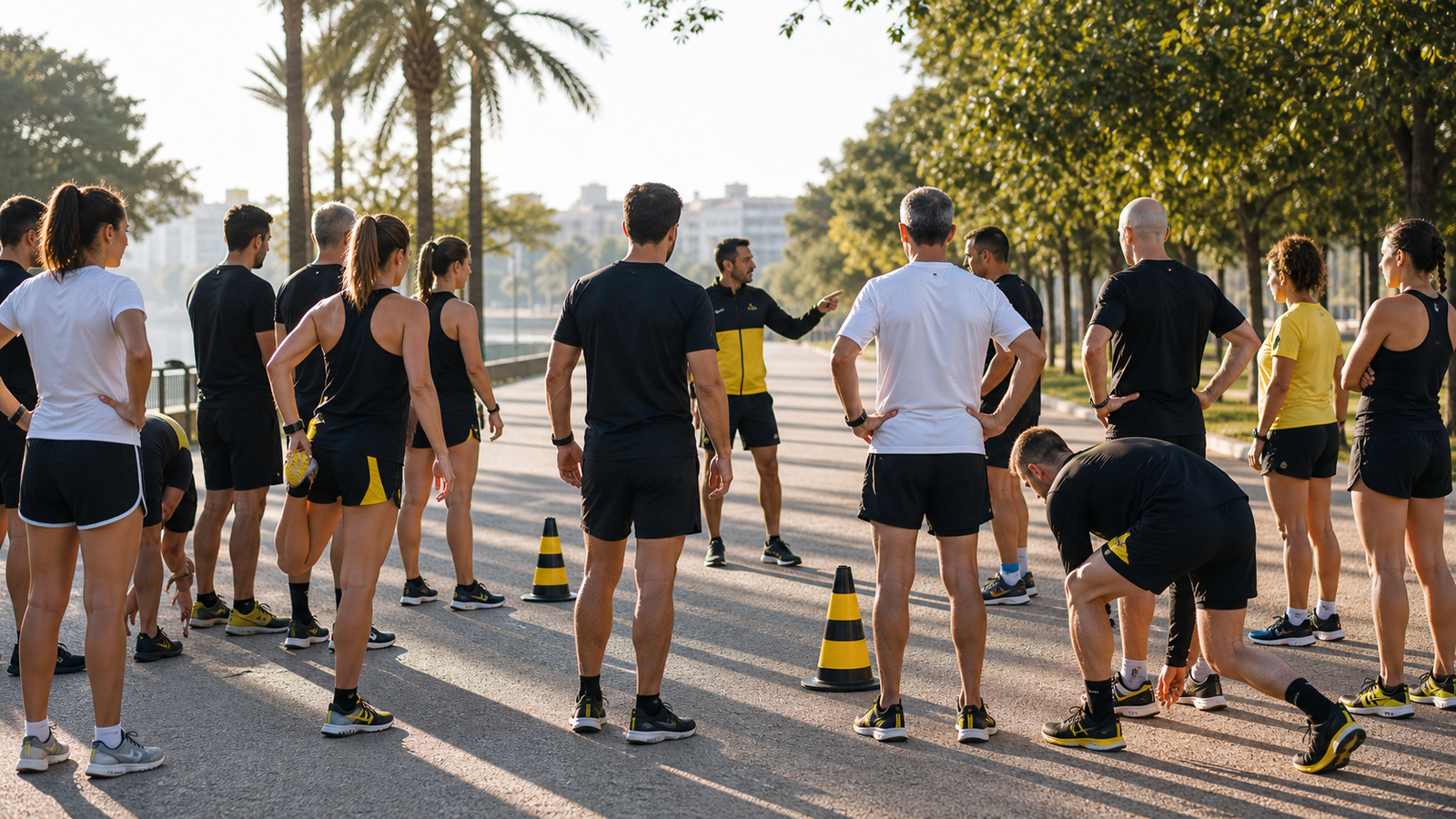 Grupo de corredores entrenando en comunidad